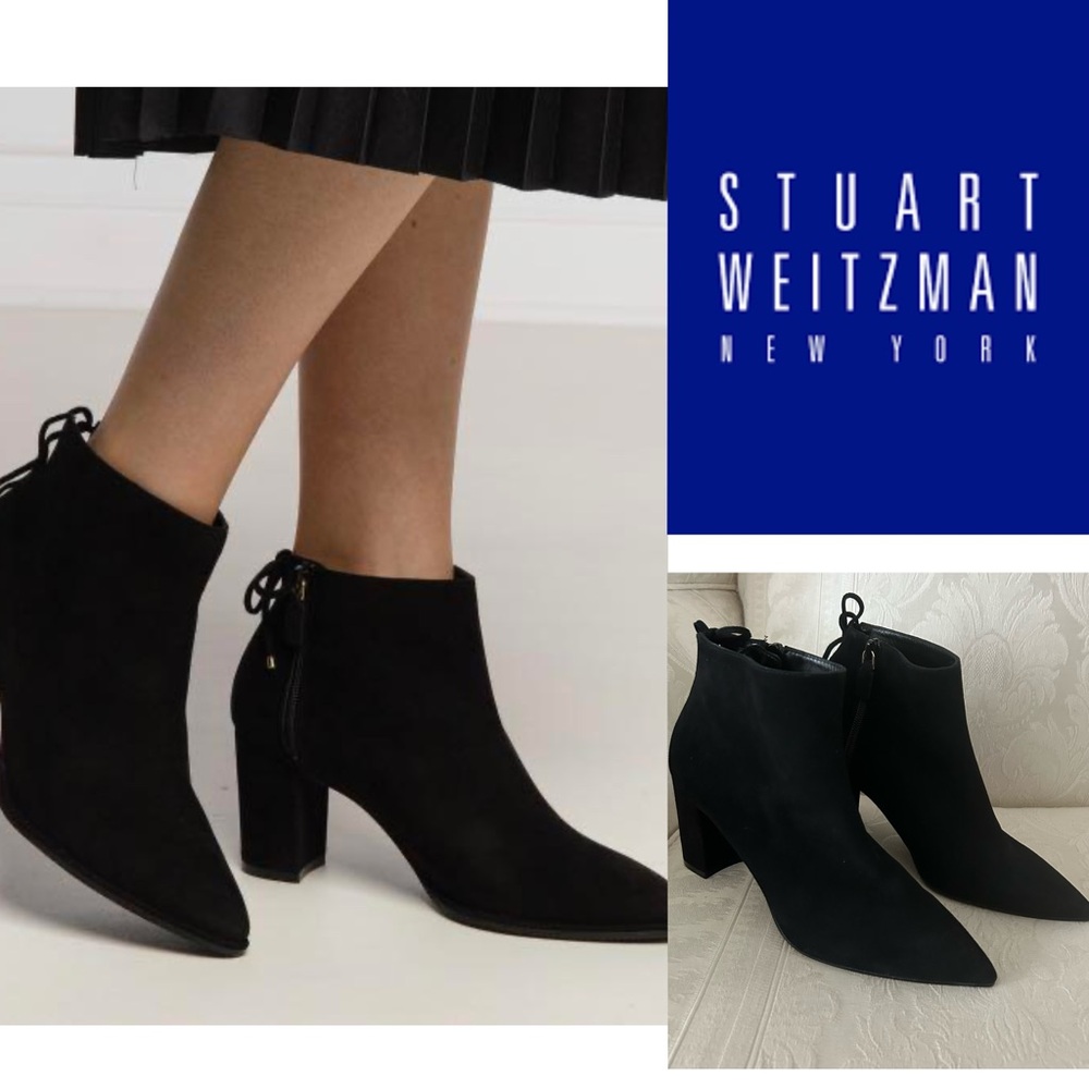 Stuart Weitzman Women Grandiose Black Suede Ankle Dress Back Lace Boots 7.5